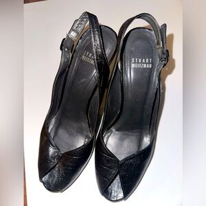 Stuwart Weizman women’s black sling back peep toe heels 8 formal party leather